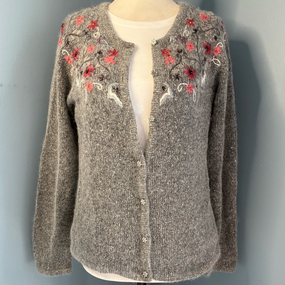 Christopher & Banks Gray Cardigan with Pink Floral Design